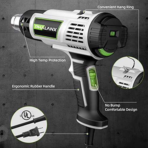 Heat Gun, Phalanx Heavy Duty Variable Temperature Control Hot Air Gun Kit, 122℉~1202℉ Temp Setting, Fast Heating For Diy Shrink Pvc Tubing/Wrapping/Crafts, Epoxy Resin, Stripping Paint #TOP6