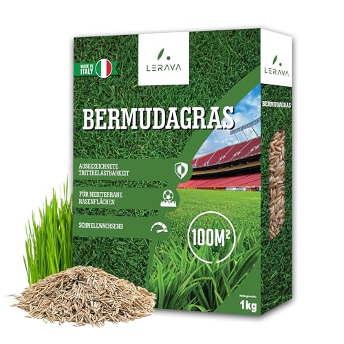 LERAVA Rasensamen Bermudagras (1 kg) - Für 100 m² - Extrem trittfest und trockenheitsresistent - Schnellwachsender Rasen für mediterrane und küstennahe Flächen - Spart bis zu 20% Wassera