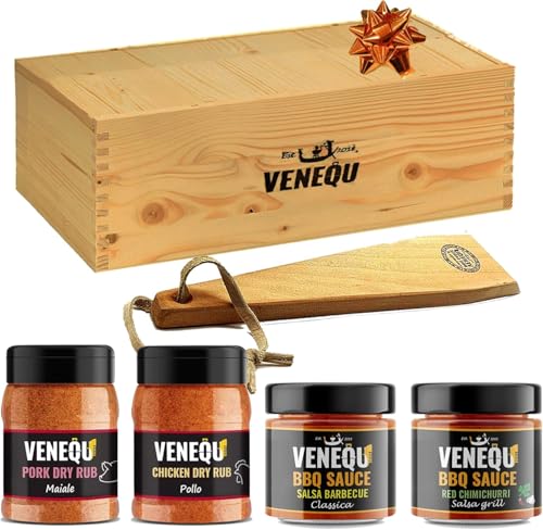 VENEQU BBQ GIFT BOX #4 Cassetta Gourmet (150gr x 2 RUBs | 200g x 2 Salse BBQ) Made in Italy | 1 x Pork Rub, 1 x Chicken Rub, 1 x Salsa BBQ Classica e 1 Salsa BBQ Red Chimichurri
