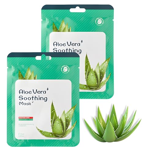 2-Pack Aloe Vera Sheet Face Masks Skincare for Sensitive Skin, Hydrating Korean Facial Mask for Soothing and Moisturizing, Face Mask Set for Women and Men