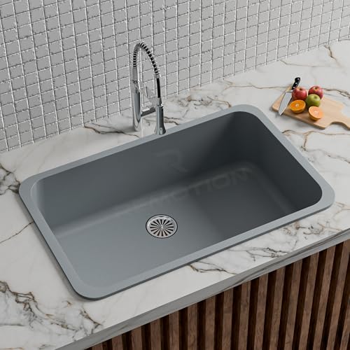 Image of REMOTION Granite Quartz Singke Bowl Kitchen SInk | Matte Finish Kitchen Sink With Drain Board and Drainer Basket | Modern Sink for Kitchen (31 x 19 x 9 Inch) (Grey)