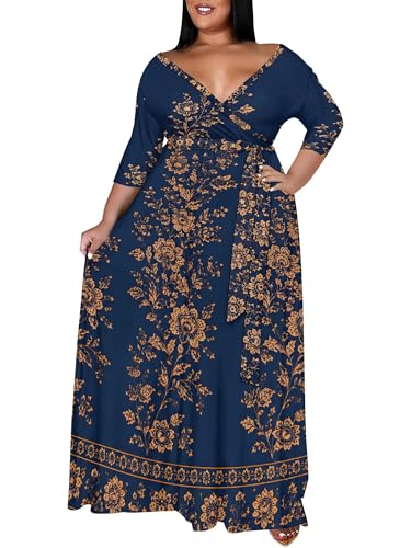 Image of PinkPatty Women's Plus Size Maxi Dress Print 3 /4 Sleeves V Neck Party Sundress Wedding Guest Dresses