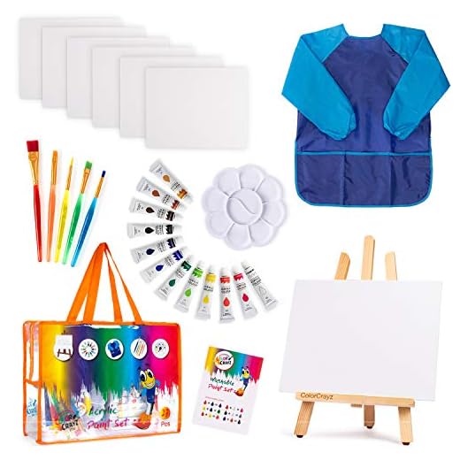 Kids Art Set | 27-Piece Acrylic Paint Set with 5 Paint Brushes 8x10 Painting Canvas Tabletop Easel & Bonus Art Smock Paint Palette Color Mixing Chart (Acrylic Paint Set) (Acrylic Paint Set)