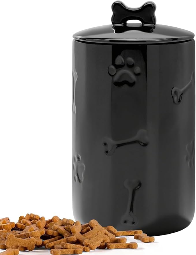 Contenitore ermetico per cani, 22,9 x 12,7 cm, grande barattolo in ceramica per bancone della cucina, barattolo bianco per biscotti con coperchio, stile fattoria, per cani e gatti (nero)
