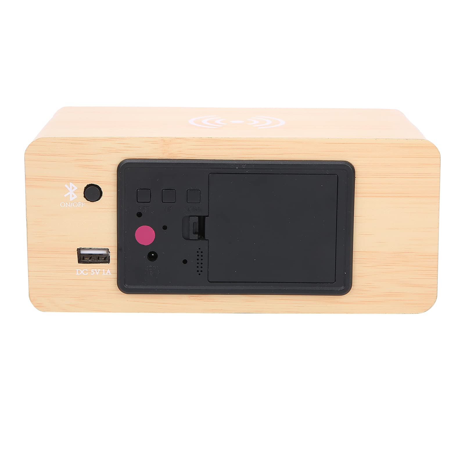 Zerodis Suministros de Oficina Altavoz Bluetooth con Despertador y Carga Inalámbrica para Uso Doméstico Multifuncional de Madera (luz roja de Madera Amarilla)
