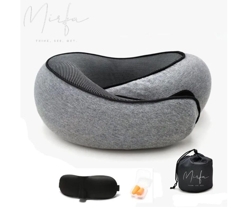Mirfa, Travel Pillow with Drawstring Bag, Earplugs & Sleeping Mask, Neck Pillow, Memory Foam for Airplanes, 360 Degree Comfort and Breathability, Stowable U-Shaped Round Pillow (Dark Gray)