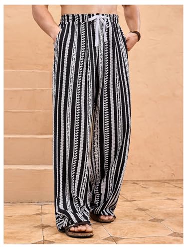 Verdusa Men's Striped Drawstring Trousers Straight Leg Boho Pants with Pockets2