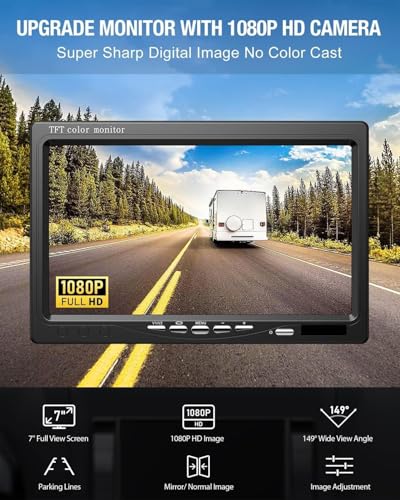 Image of HD 1080P RV Backup Camera System 7 inch Monitor with 2 Rear Side View Camera Easy Installation IP69 Waterproof Colour HD Night Vision for RV Truck Trailer Tractor