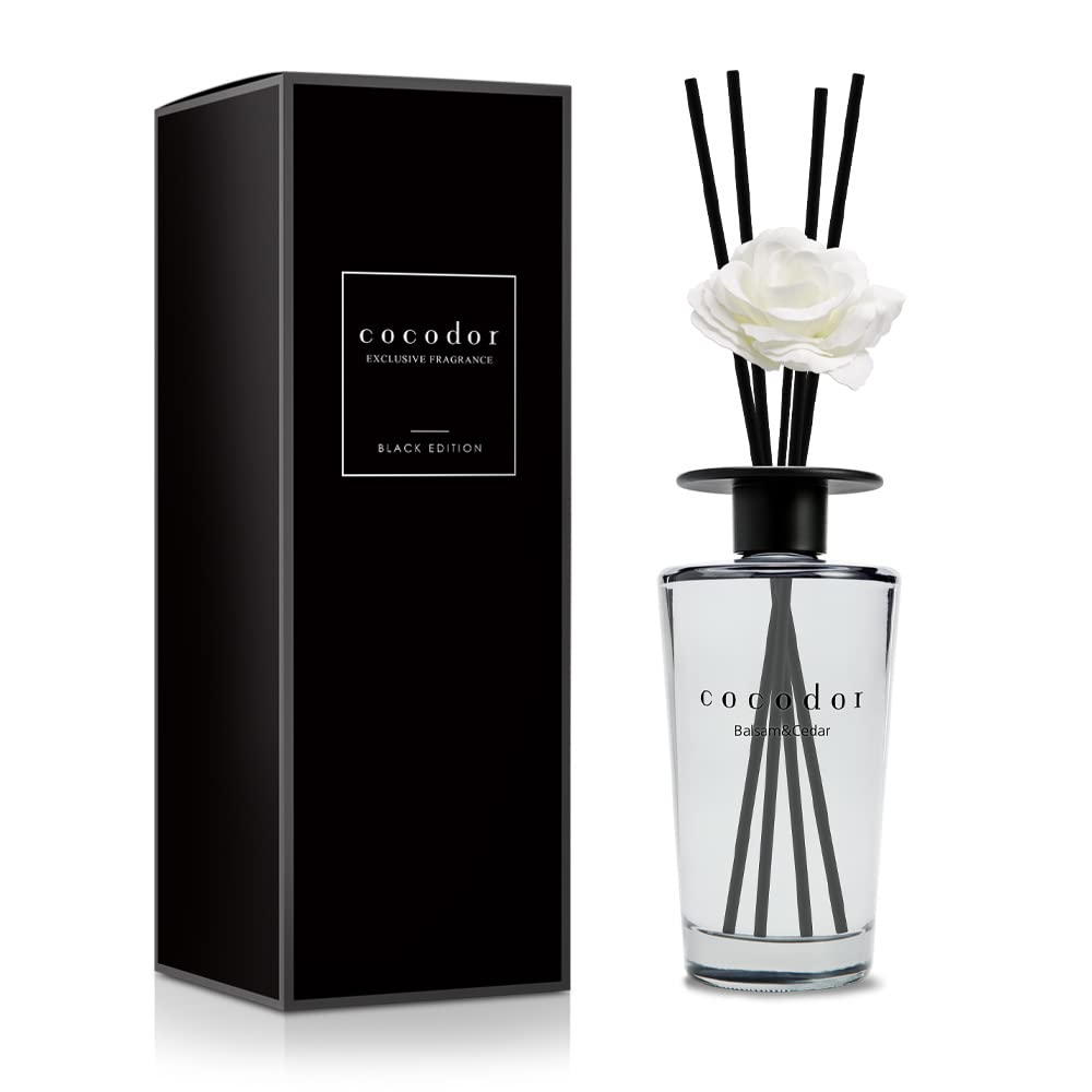 Cocod'or Black Edition White Flower Reed Diffuser / Balsam&Cedar / 16.9oz(500ml) / 1 Pack / Home & Office Decor Aromatherapy Diffuser Oil Gift Set / Large Size, Large Capacity, Big Size Diffuser