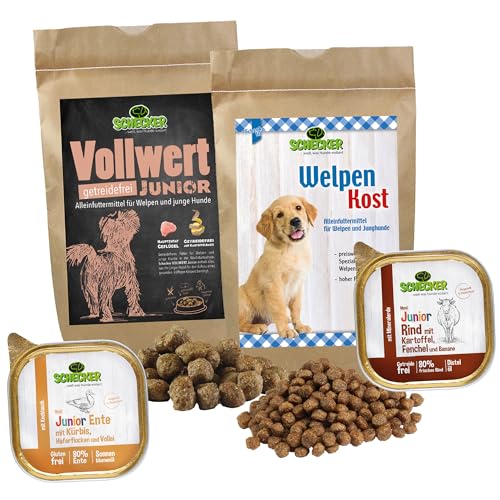 Schecker Hundefutter - Probierpaket für Welpen - 2 x Trockenfutter und 2 x Nassfutter zum Testen- 1kg - mit Huhn- Rind und Ente