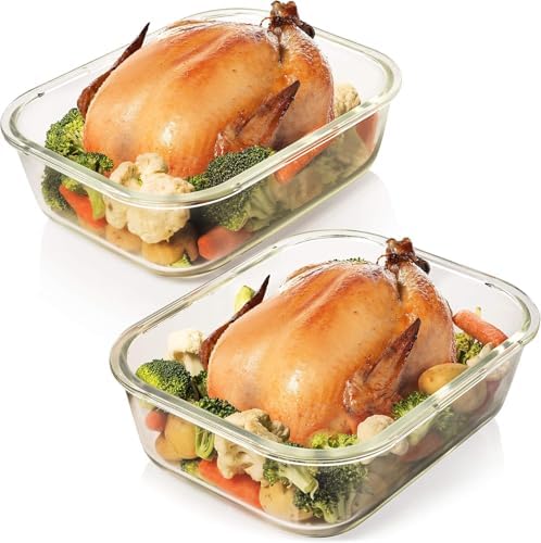 Razab 10 Cups/ 80 Oz 2 Pack Large Glass Container Food Storage with Lids - Leakproof, BPA-Free Large Meal Prep Container Ideal for Roasting Turkey, Store Leftover - Microwave & Oven Safe