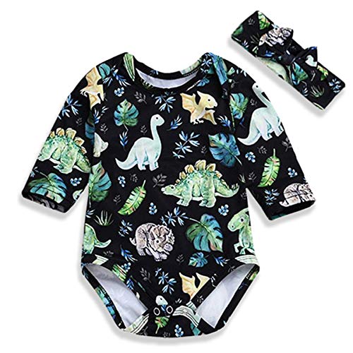 YOUNGER TREE Infant Baby Girl Dinosaur Plant Romper Long Sleeve Cartoon Print Onesies with Headband 2Pcs Outfits Clothes (Green, 12-18 Months)