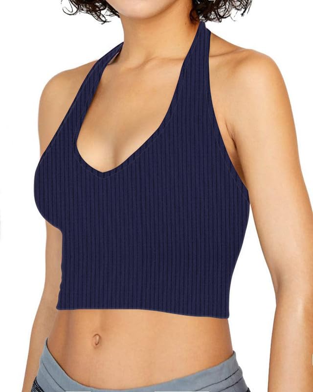 Women's Solid Backless Ribbed Knit Halter Neck | Slim Fit Sleeveless Strappy Cropped Workout Tank Top Blouse for Girls L954-picture-47