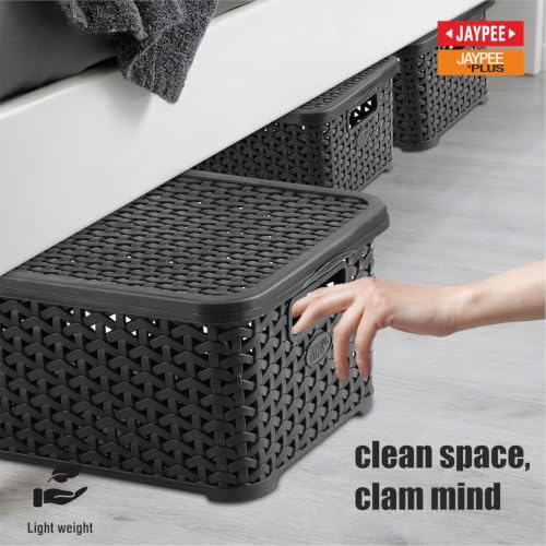 Image of Jaypee Plus Keep all 3 Plastic Storage Basket Organizers With Lid For Kitchen,Fridge, Office Wardrobe, Stationery, Household, Toys & Multipurpose use Pack of 3 Durable Box, Black