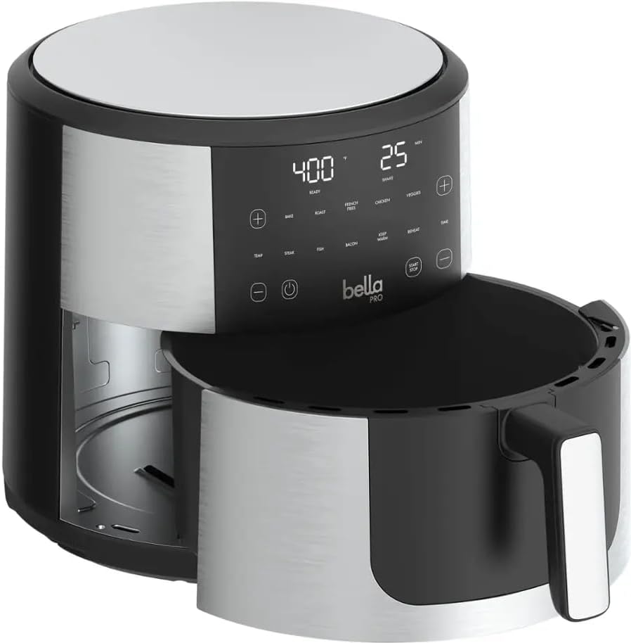 The removable cooking basket of the Bella Pro Series 8-Qt Air Fryer pulled out from the main unit.