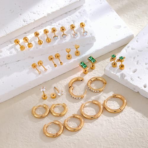 14 Pairs Gold Plated Surgical Steel Earrings Set,Suitable for Hoop Earrings Flat Back Stud Hypoallergenic Cartilage Earring for Women Men Girls Helix Piercing Stud Jewelry4