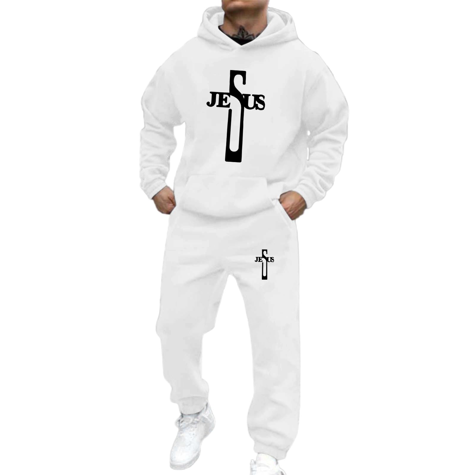 Generico Herren Trainingsanzug – Fleece-gefütterter Hoodie Und Hose Mit Jesus Cross Print – Warm Für Winter Und Freizeit