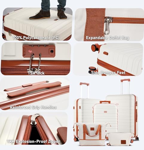 5 Piece Luggage Set, 100% PC Hardside Luggage with Spinner Wheels, Suitcase withTsa Approved Lock, Lightweight Travel for Men and Women, Beige (20/24/28/DB/TB)2