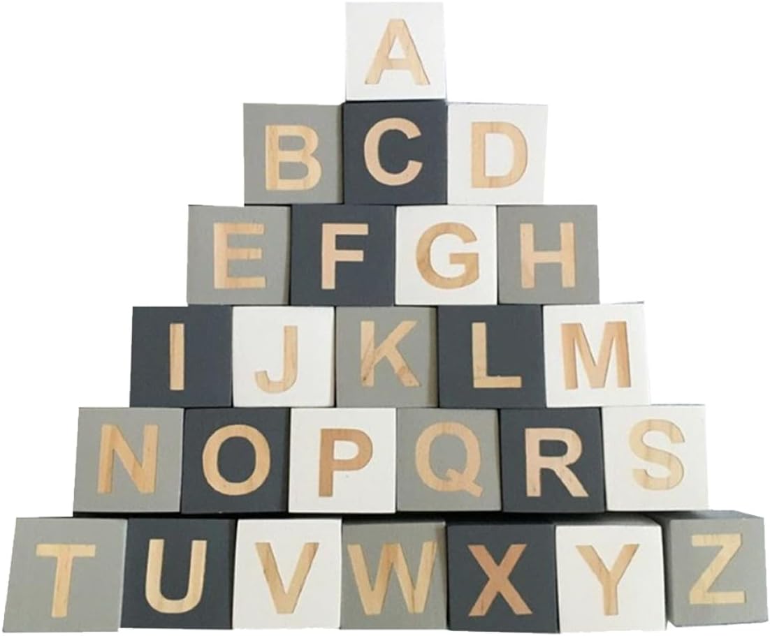 Unomor 26pcs Wooden Alphabet Blocks for Photo Props and Home Decor Rustic Letter Cubes for Parties Weddings and Events Lightweight and Natural Decor