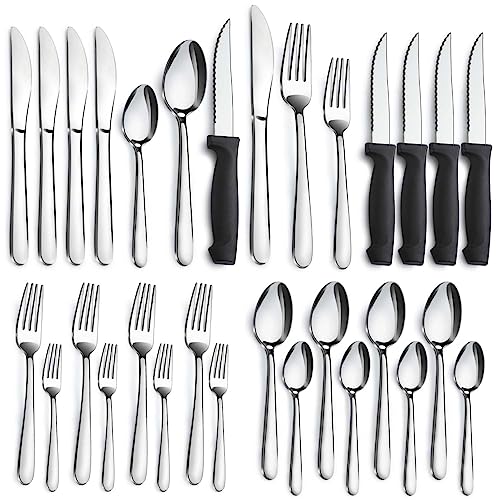 Pleafind-24-Piece-Silverware-Set-Stainless-Steel-Flatware-with-Steak-Knives-Forks-Spoons-Knives-Dishwasher-Safe-for-Home-or-Restaurant Pleafind 24-Piece Silverware Set - Stainless Steel Flatware with Steak Knives, Forks, Spoons, Knives - Dishwasher Safe for Home or Restaurant - Image 1