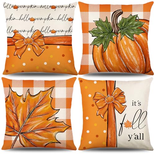 Bigqin 4 Set Throw Pillow Cushion Cover 45 * 45cm Autumn Collection Pillow Case Square Cushion Protector Invisible Zipper for Sofa Bedroom Living Room Home Decoration Pumpkin Maple Leaf Bow 18