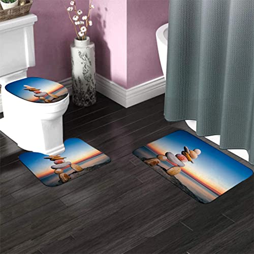 Badezimmerteppich-Set, 3-teilig, Figur von Inukshuk an der Meeresküste gegen den Sonnenuntergang, waschbarer Badeteppich, rutschfest, mit Rückenpolster, Konturteppich und Toilettendeckelbezug – Bild 4