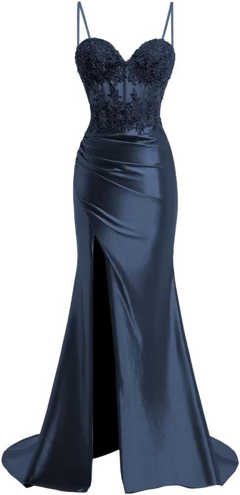 Spaghetti Strap Sweetheart Satin Prom Dresses with Split Lace Appliques Pleated Mermaid Long Evening Gown TM13