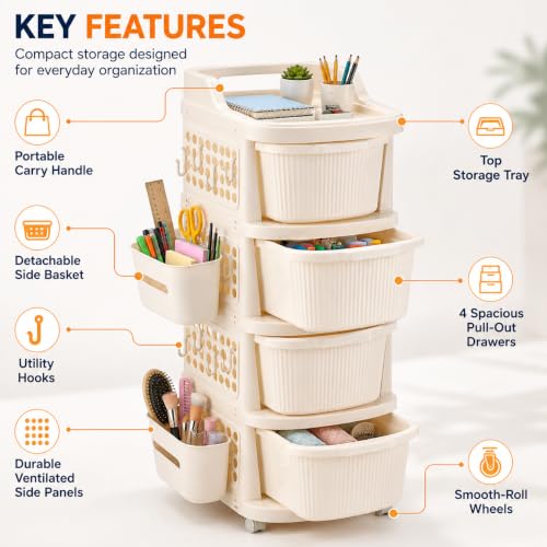 Image of Homeor 4 Tier Plastic Storage Drawer Cabinet with Wheels, Modular Chest of Drawers Organizer with Side Basket & Handle, Storage Trolley Rack for Home, Kitchen, Bedroom, Kids Room (Ivory)