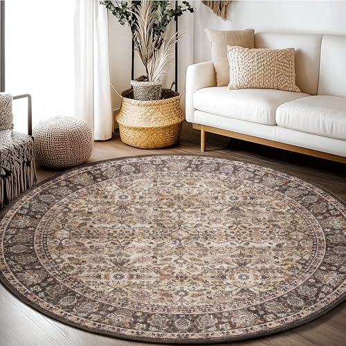 RYB HOME Washable Large Round Area Rug 6ft for Living Room, Washable Vintage Accent Distressed Faux Wool Ultra Soft Rug for Bedroom, Non Slip Stain Resistant Carpet for Guest Room Nursery, Brown