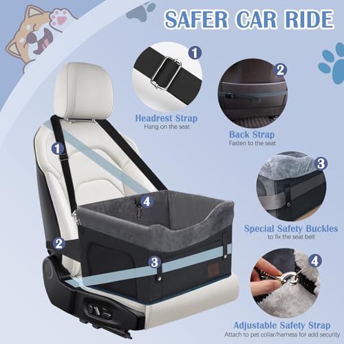 Image of Dog Car Seat for Small Dogs, Detachable Washable Dog Booster Car Seat with Storage Pocket, Breathable Mesh, Safety Leash, 2 Count Adjustable Straps for Small Pets Up to 25lbs-Black
