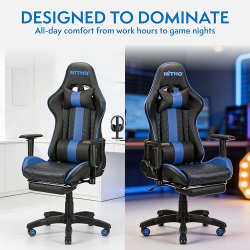 Image of NiTHO ACE Gaming Chair with Foldable Footrest | Ergonomic Reclining Computer Desk Chair with Head & Lumbar Pillows, Adjustable Armrests, 135 Tilt, Swivel Office Chair for Gaming or Home Office, Blue