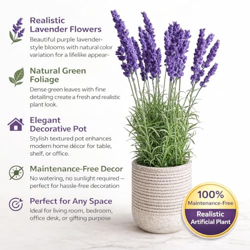 Image of Garden Art Artificial Lavender Plant with Pot - Flocked Purple Lavender Flowers in Textured Pot, Perfect for Home Decor, Office Desk & Gift Use (P-0230Purple)
