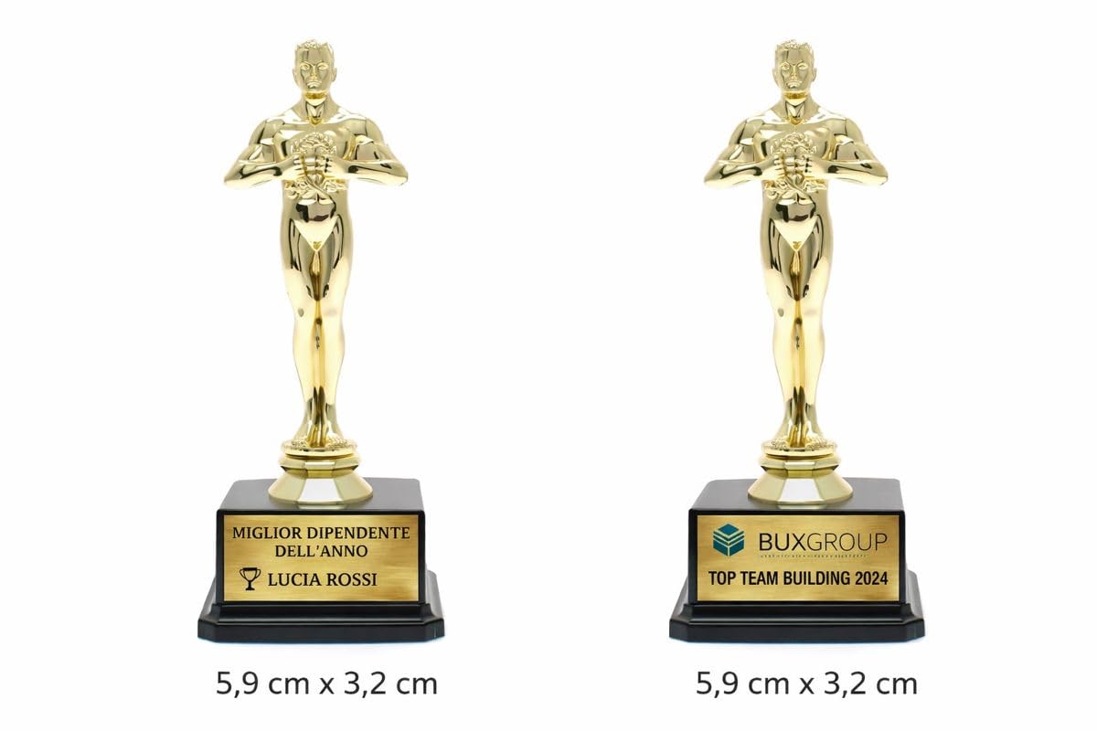 D&Vlab Trofeo Stile Oscar Personalizzabile, Oro, Plastica e Resina, 19 cm, con Targhetta Stampata Perfetto per premiazioni, eventi, aziende e riconoscimenti speciali