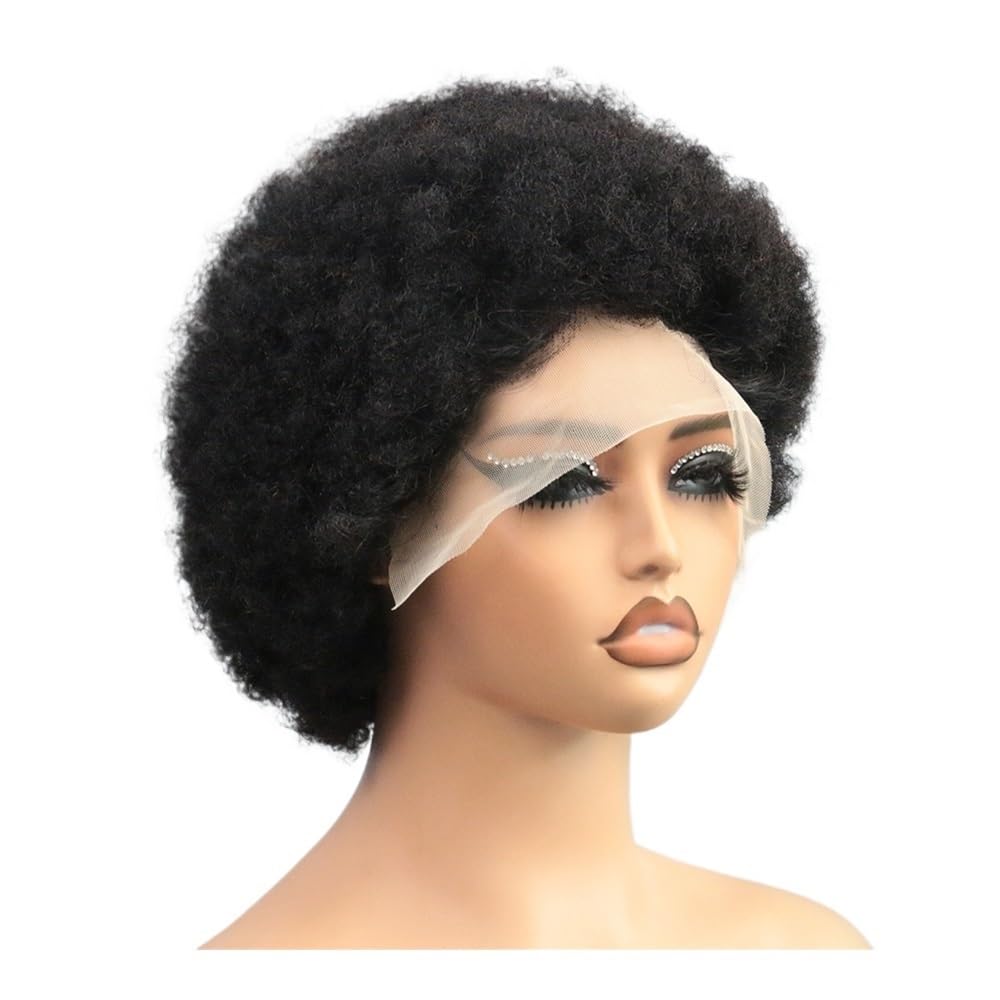 Parrucche corte afro crespi ricci da 6 pollici for donne con capelli umani, colore nero, parrucche frontali in pizzo riccio 13x4