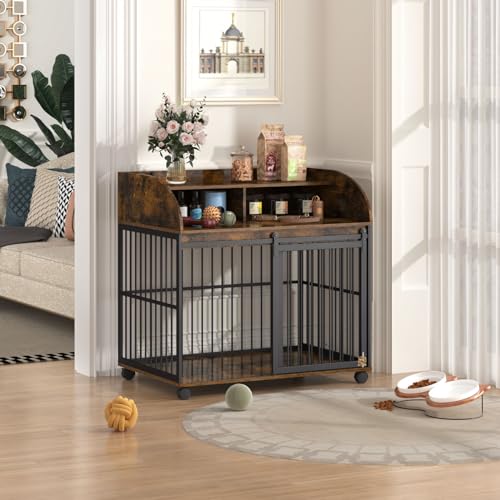 Merax 38” Heavy Duty Medium Dog Crate Indoor Furniture, Wooden Metal Kennel Pet Cage with Lockable Wheels & End Table Double Layer Storage, Brown Merax 38” Heavy Duty Medium Dog Crate Indoor Furniture, Wooden Metal Kennel Pet Cage with Lockable Wheels & End Table Double Layer Storage, Brown
