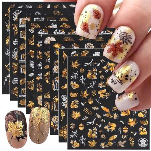 9 Sheets Fall Nail Art Stickers Maple Leaf Nail Decals Flower Tree...