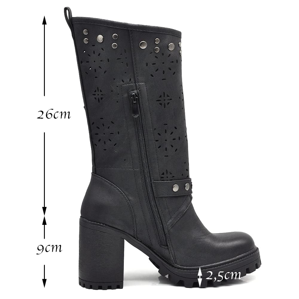 IF FASHION Stivaletti Tronchetti Da Donna Con Tacco Grosso Plateau Borchie Pelle Sintetica G669