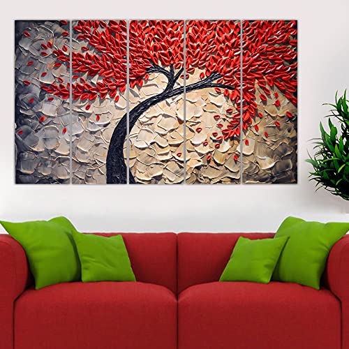 Image of Maxstone Beautiful Red Tree Wall Painting Mutiple Panals Leaves Leaf Wall decor Painting Living room.Office Home Large Painting Hotels & Gifting - Wooden Framed (30x60 inch) M1240