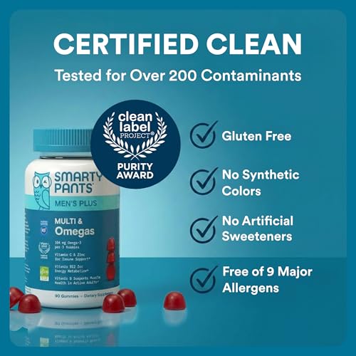 SmartyPants Men's Multivitamin Gummies with Omega 3 DHA/EPA, Methylfolate, Vitamin D3, C, B12, B6, A, K, Zinc, Raspberry Lemonade Flavor, 90 Count (30 Day Supply) - image 8