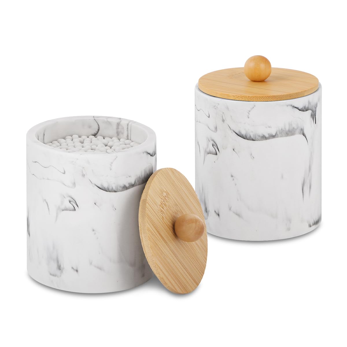 Qtips Badezimmer-Gläser mit Deckel, Wattestäbchen-Halter, Harz-Apotheker-Spender, Marmor, Make-up-Schwämme, Badesalz-Aufbewahrungsbox, Marmorweiß mit Bambusdeckel, 2 Stück