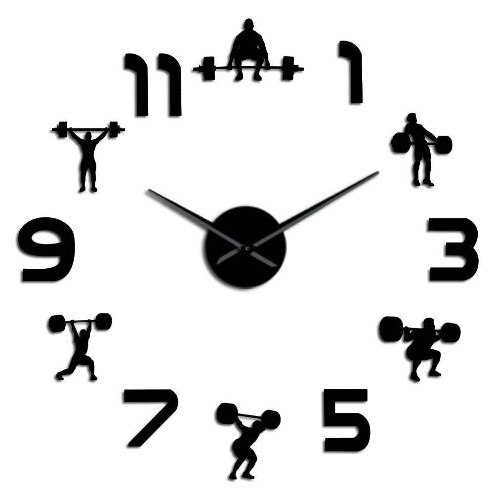 YH Weightlifting Fitness Room Wall Decor DIY Giant Wall Clock Mirror Effect Powerlifting Frameless Large Wall Clock GYM Wall Watch(Black,37IN)