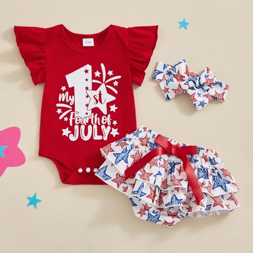 4th of July Baby Girl Outfits First Independence Day Fly Sleeve Romper Stars Shorts My 1st Fourth of July Outfit2