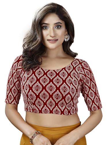 Oomph! Women's Indian Ethnic Wear Designer Medium Paisley Pattern Zari Work Boat Neck Half Sleeve Maroon Red Color Lycra Readymade Blouse For Saree Or Lehnga And Fusion Twist. L