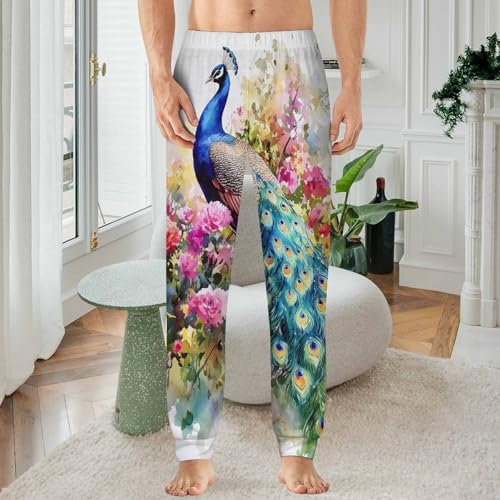 Peacock with Spring Flowers Men's Pajama Pants Lounge Pant Sleepwear PJ Bottoms 6