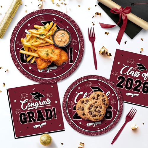 Image of QZYL 200Pcs Graduation Supplies Set, Burgundy Graduation Plates, Napkins, Dessert Plates and Plastic Forks, Disposable Grad Party Supplies for 50 Guests, Grad tableware for 2026 School Ceremony