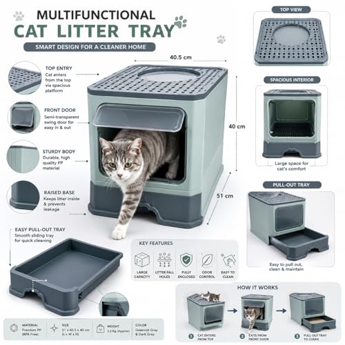 Image of Foldable Covered Cat Litter Box with Anti-Spill Tray | Easy Cleaning | Spacious Design | Top and Side Openings | Color May Vary