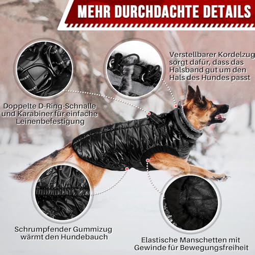 Eyein Wasserdichter Hundemantel mit Geschirr, Fleece Rollkragen Warme Hundewinterjacke mit doppeltem Reißverschluss, reflektierende Hundeschneejacke für kleine mittlere große Hunde, Schwarz, M