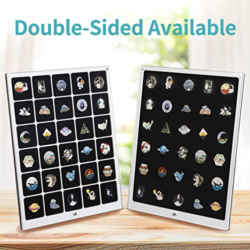Image of HIIMIEI Acrylic Pin Display Board, 11x14 Enamel Pin Display Frame, Dustproof Shadow Box Pin Holder, Double Sided Jewelry Lapel Pins Collection Case for Wall and Tabletop (30 Grids) (Pack of 2)