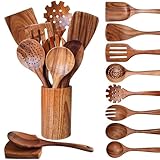 Holzlöffel zum Kochen 10 Stück Set Teak Küchenutensilien Spatel Holz Kochutensilien Löffel mit Löffelablage, Sieblöffel, Nudelheber, Bratspatel und Salatgabel, Utensilienhalter