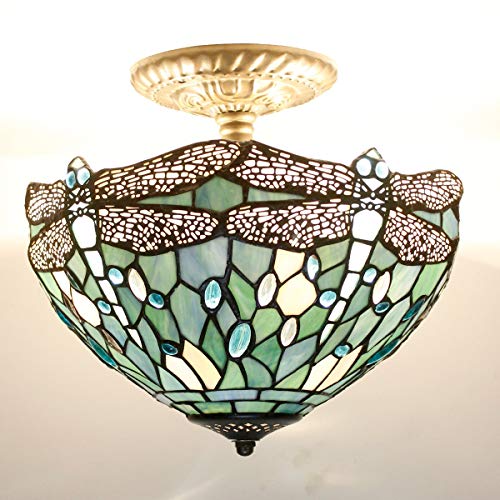 Image of WERFACTORY Tiffany Ceiling Light 12 Inch Stained Glass Fixture Lamp
